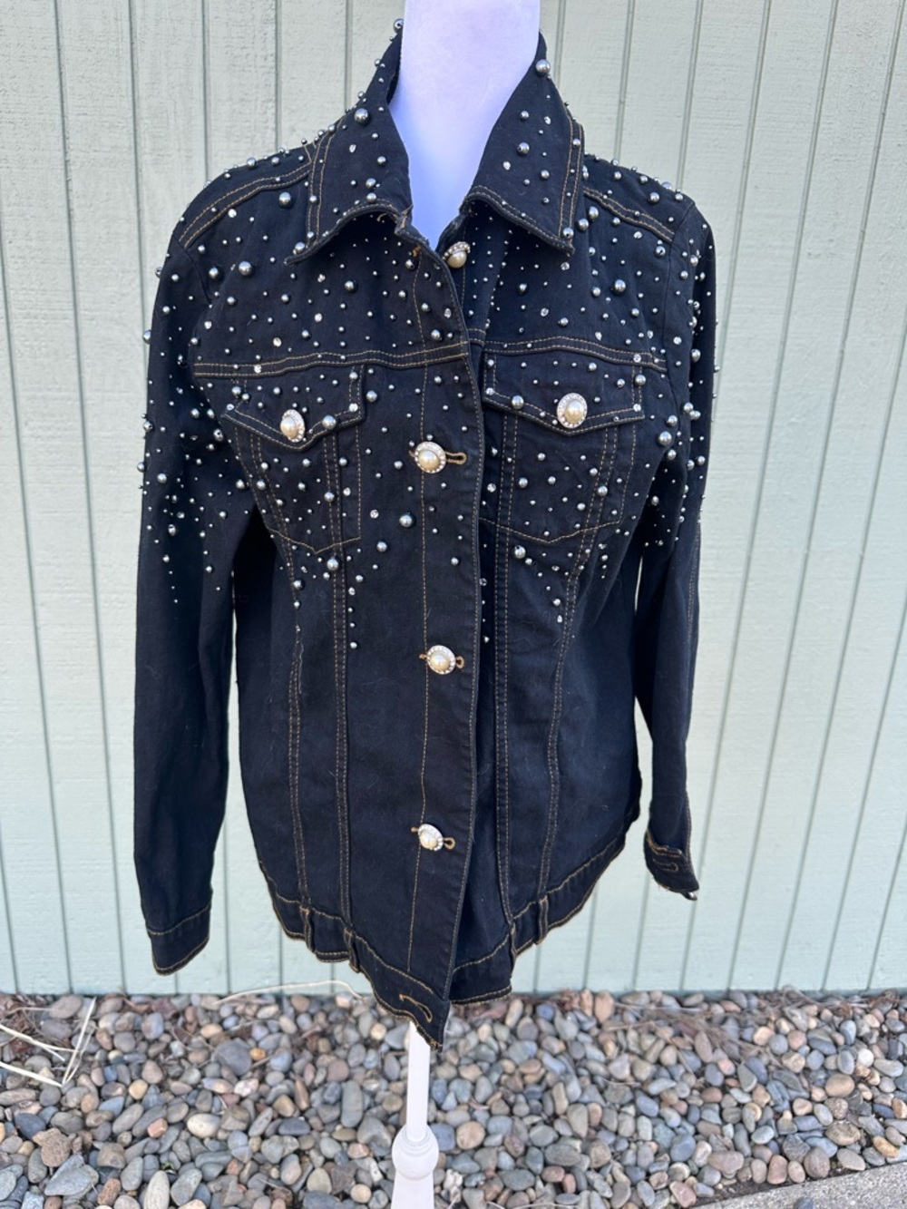 Quacker Factory Black Pearl-Button Studded Denim Jacket